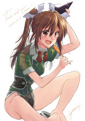 Rule 34 | 1girl, absurdres, bare legs, barefoot, bat hair ornament, blush, breasts, brown eyes, brown hair, candy, fang, food, hair between eyes, hair ornament, highres, holding, holding candy, holding food, holding lollipop, kantai collection, lollipop, long hair, medium breasts, no panties, open mouth, pelvic curtain, short sleeves, signature, simple background, sitting, solo, tone (kancolle), tone kai ni (kancolle), trick or treat, twintails, white background, yami (m31)