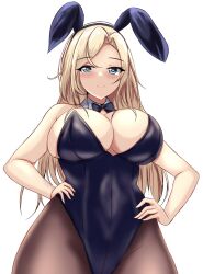 Rule 34 | 1girl, animal ears, bare shoulders, black bow, black bowtie, black leotard, black pantyhose, blonde hair, blue eyes, blush, bow, bowtie, breasts, cleavage, covered navel, detached collar, fake animal ears, grey eyes, hands on own hips, highleg, highleg leotard, highres, hornet (kancolle), kantai collection, large breasts, leotard, long hair, looking at viewer, montemasa, pantyhose, playboy bunny, rabbit ears, simple background, smile, solo, strapless, strapless leotard, traditional bowtie, wrist cuffs