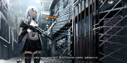 Rule 34 | 1girl, absurdres, backpack, bag, black skirt, black thighhighs, breasts, chain-link fence, chinese commentary, chinese text, cityscape, commentary request, corpse, fence, finger on trigger, grey eyes, grey jacket, gun, hair ornament, hairclip, highres, holding, holding gun, holding weapon, jacket, lemtun, long hair, miniskirt, open clothes, open jacket, original, parted lips, shirt, sidelocks, skirt, small breasts, snow, solo, standing, thighhighs, translation request, user interface, variant set, weapon, white hair, white shirt, zettai ryouiki