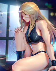 Rule 34 | 1girl, abs, bare shoulders, blonde hair, blue eyes, boots, breast press, breasts, eyes visible through hair, frown, gonzarez, groin, hair down, highleg, highleg panties, highres, impossible clothes, knee up, large breasts, legs, lens flare, lips, long hair, metroid, midriff, mole, mole under mouth, muscular, muscular female, navel, nintendo, panties, samus aran, sideboob, sitting, skindentation, solo, sports bra, super metroid, swept bangs, thighs, thong, underwear, underwear only, window, wristband