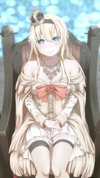 Rule 34 | 1girl, blonde hair, blue eyes, braid, crown, dress, flower, french braid, garter straps, giorgio claes, highres, kantai collection, long hair, long sleeves, looking at viewer, mini crown, off-shoulder dress, off shoulder, red flower, red ribbon, red rose, ribbon, rose, solo, thighhighs, throne, warspite (kancolle), white dress, white thighhighs