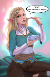 Rule 34 | 1girl, artist name, blonde hair, bowl, braid, brown pants, chopsticks, cowboy shot, crown braid, english text, female focus, fingernails, food, green eyes, hair ornament, hairclip, highres, holding, holding bowl, holding chopsticks, holy meh, lips, long hair, long sleeves, looking at viewer, nintendo, noodles, pants, parted bangs, parted lips, pointy ears, princess zelda, sidelocks, signature, sitting, solo, speech bubble, the legend of zelda, the legend of zelda: breath of the wild, thighs, tunic