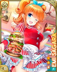 Rule 34 | 1girl, alternate costume, apron, blue eyes, blue ribbon, booth seating, breasts, card (medium), character name, cleavage, cuffs, day, diner, dress, english text, female focus, food, french fries, girlfriend (kari), hair ribbon, ice, ice cream, ice cube, indoors, large breasts, lettuce, looking at viewer, name tag, official art, one eye closed, open mouth, orange hair, qp:flapper, red dress, red neckwear, ribbon, sagara emi, shoes, smile, solo, sundae, table, tagme, tray, twintails, waitress