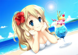 Rule 34 | 1girl, beach, blonde hair, blue eyes, breasts, cleavage, cocktail, cocktail glass, cup, day, drinking glass, dutch angle, eyebrows, flower, food, hair flower, hair ornament, head rest, hibiscus, ice cream, k-on!, kotobuki tsumugi, lens flare, long hair, medium breasts, ocean, solo, suzui narumi
