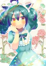 Rule 34 | 1girl, ahoge, animal ears, arm up, blush, bow, brown eyes, cat ears, character request, closed mouth, collared dress, commentary request, dress, ear bow, floral background, green bow, green dress, green hair, hand up, heterochromia, indie virtual youtuber, kou hiyoyo, looking at viewer, multicolored hair, puffy short sleeves, puffy sleeves, purple hair, short sleeves, smile, solo, streaked hair, virtual youtuber, white bow, yellow eyes