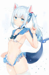 Rule 34 | 1girl, absurdres, animal ears, bikini, blue eyes, blue hair, blunt bangs, blush, breasts, cat ears, closed mouth, dedeko, fang, fang out, female focus, fins, fish tail, gawr gura, highres, hololive, hololive english, holomyth, looking at viewer, medium hair, micro bikini, multicolored hair, navel, shark girl, shark tail, side ponytail, sideboob, simple background, small breasts, smile, solo, streaked hair, swimsuit, tail, thighhighs, thighs, upper body, virtual youtuber, white hair
