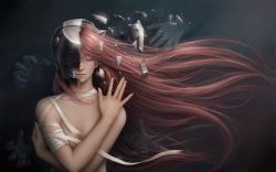 Rule 34 | 00s, 1girl, bandages, breast hold, breasts, cleavage, closed eyes, crossed arms, derivative work, elfen lied, highres, horns, jason peng, light, long hair, lucy (elfen lied), mask, unworn mask, monster girl, nude, pink hair, realistic, shadow, small breasts, solo, vectors