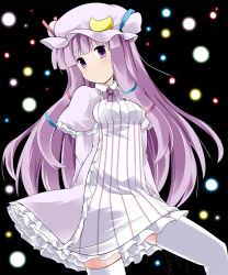 Rule 34 | 1girl, blush, breasts, crescent, dress, fa no hito, female focus, hat, highres, long hair, patchouli knowledge, pink hair, purple eyes, small breasts, solo, thighhighs, touhou, white thighhighs, zettai ryouiki