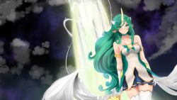 Rule 34 | 1girl, animal ears, armlet, braco, breasts, choker, cleavage, cloud, cloudy sky, commentary, gloves, green eyes, green hair, highres, horns, league of legends, long hair, looking at viewer, magical girl, medium breasts, night, parted lips, single horn, sky, solo, soraka (league of legends), staff, star (sky), star guardian (league of legends), star guardian soraka, starry sky, thighhighs, very long hair, white gloves, white thighhighs, wings, zettai ryouiki