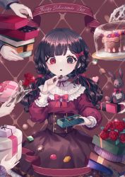 Rule 34 | 1girl, absurdres, akikawa higurashi, banner, black eyes, black hair, blunt bangs, blush, book, book stack, bouquet, bow, box, box of chocolates, braid, cake, candy, chocolate, collared shirt, collet (akikawa higurashi), disembodied limb, dress, dress bow, english text, flower, food, frills, gem, gift tag, hair bow, hair ribbon, hand up, happy valentine, hat box, heterochromia, high collar, highres, holding, holding book, holding box, holding cake, holding chocolate, holding flower, holding food, lolita fashion, long hair, long sleeves, looking at viewer, neck ribbon, original, parted lips, red eyes, ribbon, rose, shirt, skeletal hand, sleeve cuffs, solo focus, sparkle, stuffed animal, stuffed rabbit, stuffed toy, twintails, underbust, wrapper