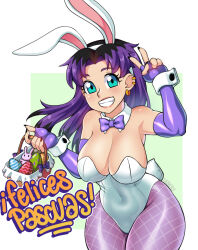 Rule 34 | 1girl, 2021, 20s, animal ears, basket, black hair, black nails, blue eyes, blush, bow, bowtie, breasts, cleavage, detached collar, earrings, easter, easter egg, egg, fake animal ears, fang, fingerless gloves, fishnets, gloves, green background, grin, highres, holding, jewelry, large breasts, leotard, long hair, looking at viewer, multicolored hair, pantyhose, playboy bunny, purple bow, purple bowtie, purple gloves, purple hair, purple pantyhose, rabbit ears, rabbit tail, sidney (zeshgolden), smile, spanish text, standing, tail, teeth, two-tone hair, v, white leotard, wrist cuffs, zeshgolden