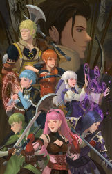 Rule 34 | 4boys, 4girls, armor, axe, blonde hair, blue hair, bow (weapon), breasts, brown hair, cape, claude von riegan, cleavage, earrings, fingerless gloves, fire emblem, fire emblem: three houses, flower, glasses, gloves, green hair, hilda valentine goneril, hoop earrings, ignatz victor, jewelry, leonie pinelli, looking to the side, lorenz hellman gloucester, lysithea von ordelia, magic circle, marianne von edmund, matching hair/eyes, multiple boys, multiple girls, nintendo, open mouth, over shoulder, partially fingerless gloves, pink eyes, pink hair, polearm, purple hair, raphael kirsten, rose, scabbard, sheath, sideburns, silver hair, spear, sword, weapon, weapon over shoulder, yagaminoue