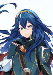 Rule 34 | 1girl, ameno (a meno0), bad id, bad twitter id, blue eyes, blue hair, fingerless gloves, fire emblem, fire emblem awakening, flat chest, gloves, long hair, looking at viewer, lucina (fire emblem), nintendo, scarf, simple background, smile, solo, symbol-shaped pupils, tiara, white background