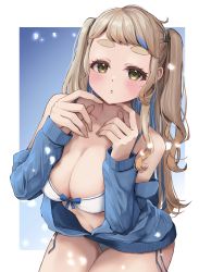 Rule 34 | 1girl, :o, absurdres, bikini, blue hair, blue jacket, blush, bow, bow bikini, breasts, colored inner hair, drawstring, from above, highres, jacket, large breasts, light brown hair, long hair, long sleeves, looking at viewer, machita chima, mori (pepekataokapepe), multicolored hair, navel, nijisanji, off shoulder, open clothes, open jacket, side-tie bikini bottom, sitting, solo, streaked hair, swimsuit, thick eyebrows, track jacket, two side up, very long hair, virtual youtuber, white bikini, yellow eyes