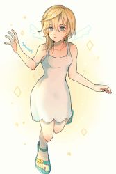 Rule 34 | 1girl, blonde hair, blue eyes, blush, breasts, dress, highres, kingdom hearts, kingdom hearts ii, long hair, namine, open mouth, pinko (inazume-panko), sandals, simple background, solo, white dress