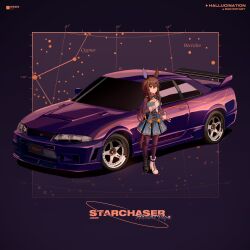 Rule 34 | 1girl, admire vega (umamusume), animal ears, black footwear, blue dress, boots, brown hair, car, character name, dress, ear covers, gloves, highres, horse ears, horse tail, long hair, low ponytail, motor vehicle, nissan skyline, nissan skyline gt-r, nissan skyline r33, pantyhose, purple car, purple pantyhose, run rotary, single ear cover, solo, sports car, tail, umamusume, vehicle focus, very long hair, white footwear, white gloves