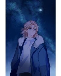 Rule 34 | 1boy, absurdres, albedo (genshin impact), blonde hair, blue eyes, blue sweater, braid, fur collar, genshin impact, highres, k.t 1860, male focus, moon, night, night sky, scar, scar on neck, shirt, sky, standing, star (sky), sweater, white shirt