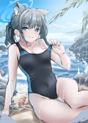 Rule 34 | 1girl, absurdres, animal ear fluff, animal ears, black one-piece swimsuit, blue archive, blue eyes, blue sky, breasts, cloud, clownfish, competition swimsuit, covered navel, cross hair ornament, day, extra ears, feet out of frame, fish, grey hair, hair ornament, halo, highres, looking at viewer, low ponytail, medium breasts, medium hair, mismatched pupils, multicolored clothes, multicolored swimsuit, official alternate costume, one-piece swimsuit, outdoors, rock, shiroko (blue archive), shiroko (swimsuit) (blue archive), sky, smile, swimsuit, water, wolf ears, zume (izume m02)