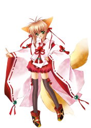 Rule 34 | 00s, 1girl, absurdres, animal ears, carnelian, fox ears, green eyes, highres, japanese clothes, meirin (yamibou), scan, short hair, solo, tail, thighhighs, yami to boushi to hon no tabibito