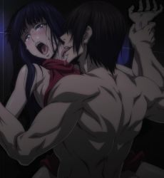 Rule 34 | 10s, 1boy, 1girl, bare shoulders, black hair, blush, breasts, crying, highres, implied sex, killing bites, licking, long hair, mitsukado youko, muscular, open mouth, purple eyes, rape, restrained, screencap, sideboob, stitched, tani yuugo, tears, third-party edit, tongue