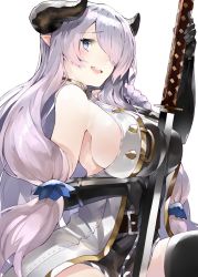 Rule 34 | 1girl, asymmetrical gloves, belt, belt buckle, between breasts, black gloves, black legwear, blue eyes, blush, braid, breasts, buckle, draph, elbow gloves, gloves, granblue fantasy, hair over one eye, heart, heart-shaped pupils, highres, horns, katana, kou mashiro, large breasts, light purple hair, long hair, looking at viewer, looking to the side, low tied hair, narmaya (granblue fantasy), open mouth, pointy ears, sideboob, simple background, single braid, sleeveless, smile, solo, sword, symbol-shaped pupils, uneven gloves, weapon, white background