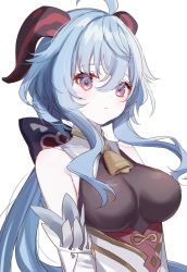 Rule 34 | 1girl, ahoge, bare shoulders, bell, black bodysuit, blue hair, blush, bodysuit, breasts, collar, detached collar, detached sleeves, eyebrows hidden by hair, ganyu (genshin impact), genshin impact, goat horns, hair between eyes, highres, horns, long hair, looking at viewer, medium breasts, misumi (macaroni), pale skin, parted lips, purple eyes, simple background, solo, upper body, white background, white collar