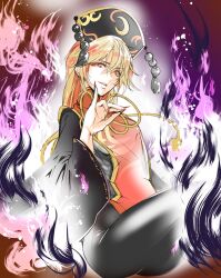 Rule 34 | 1girl, absurdres, ass, black dress, black headwear, chinese clothes, dress, fingernails, fox shadow puppet, hair between eyes, highres, ichizen (o tori), junko (touhou), long fingernails, long hair, long sleeves, looking at viewer, nail polish, open mouth, orange hair, phoenix crown, red eyes, red nails, sharp fingernails, solo, tabard, touhou, wide sleeves