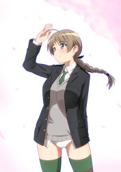 Rule 34 | 1girl, ahoge, blonde hair, blue eyes, blush, bow, braid, braided ponytail, breasts, cherry blossoms, closed mouth, green necktie, hair bow, highres, large breasts, long hair, looking up, lynette bishop, necktie, panties, ponytail, smile, solo, standing, strike witches, striped clothes, striped thighhighs, thighhighs, tricky 46, underwear, white panties, world witches series