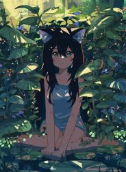 Rule 34 | 1girl, absurdres, animal ears, black hair, blush, cat ears, cat girl, day, flat chest, green eyes, highres, kgt (pixiv12957613), leaf, lily pad, long hair, looking up, open mouth, original, scenery, sitting, solo, sunlight, water