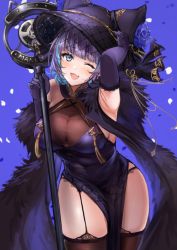Rule 34 | 1girl, :3, ;d, animal ears, aqua eyes, armpits, arms up, azur lane, bare shoulders, black headwear, black thighhighs, blue hair, blush, breasts, cat ears, cheshire (azur lane), cheshire (cait sith crooner) (azur lane), china dress, chinese clothes, cleavage, commentary, covered navel, cowboy shot, dress, elbow gloves, fake animal ears, fang, feather boa, frills, garter straps, gloves, grey hair, gyudan (t1k 7), highres, holding, holding microphone, large breasts, looking at viewer, microphone, multicolored hair, official alternate costume, one eye closed, open mouth, pelvic curtain, purple background, purple dress, see-through, see-through cleavage, short hair, sideboob, sidelocks, simple background, skin fang, skindentation, sleeveless, sleeveless dress, smile, solo, standing, streaked hair, thighhighs