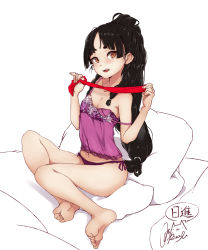 Rule 34 | 1girl, barefoot, black hair, blush, brown eyes, character name, collarbone, high ponytail, highres, kantai collection, long hair, low-tied long hair, navel, nisshin (kancolle), open mouth, panties, purple panties, rizzl, short eyebrows, signature, simple background, solo, twitter username, underwear, underwear only, very long hair, white background