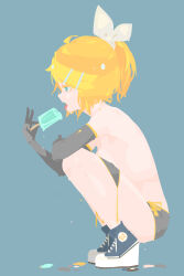 1girl absurdres bikini black_bikini blonde_hair bow commentary detached_sleeves food from_side full_body hair_bow hair_ornament hairclip hara_id_21 highres holding holding_food holding_popsicle kagamine_rin knees_to_chest open_mouth popsicle shoes side-tie_bikini_bottom sneakers solo squatting swimsuit tongue tongue_out untied_bikini_top vocaloid white_bow