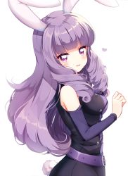 Rule 34 | 10s, 1girl, animal ears, arm warmers, artist request, bad id, bad pixiv id, belt, black shirt, chuchu (show by rock!!), cowboy shot, highres, kobeni, long hair, looking at viewer, purple eyes, purple hair, rabbit ears, rabbit girl, rabbit tail, shirt, show by rock!!, simple background, sleeveless, sleeveless shirt, smile, solo, tail, white background
