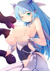 Rule 34 | 1girl, black leotard, blue eyes, blue hair, blue horns, blush, breast sucking, breasts, breasts out, closed mouth, dot nose, eari, grabbing own breast, highres, horns, king&#039;s raid, kneeling, laias (king&#039;s raid), large breasts, leotard, licking, licking nipple, long hair, looking at another, nipple stimulation, nipples, one eye closed, pointy ears, puffy nipples, shiny skin, simple background, solo focus, tentacles, thighhighs, white background, white thighhighs