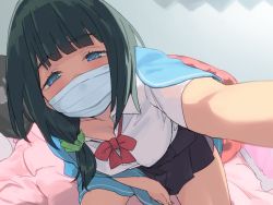 Rule 34 | 10s, 1girl, bed, black hair, blue eyes, blunt bangs, comforter, gridman universe, hair ornament, hair scrunchie, hassu, kawaty, leaning forward, long hair, looking at viewer, mask, mouth mask, pleated skirt, reaching, reaching towards viewer, scrunchie, skirt, ssss.gridman, surgical mask, tareme