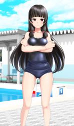 Rule 34 | 1girl, absurdres, black hair, black one-piece swimsuit, blue buruma, blue sky, breasts, buruma, cleavage, cloud, competition school swimsuit, crossed arms, day, feet out of frame, gym uniform, hair ribbon, highres, isokaze (kancolle), kantai collection, long hair, looking at viewer, medium breasts, one-piece swimsuit, outdoors, pool, poolside, red eyes, ribbon, school swimsuit, sky, solo, starting block, swimsuit, swimsuit under clothes, takafumi, tress ribbon