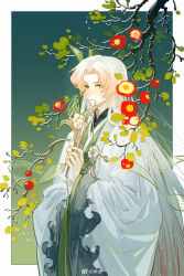 Rule 34 | 1boy, :|, border, bow, branch, camellia, chinese clothes, closed mouth, coat, cowboy shot, curtained hair, expressionless, flower, flower ornament, folded fan, folding fan, gradient hair, green bow, green eyes, green robe, hair ornament, hand fan, hanfu, highres, holding, holding fan, leaf, long hair, long sleeves, longjing shrimp (the tale of food), looking at viewer, male focus, multicolored hair, open clothes, open coat, outside border, parted bangs, pink hair, procreate (medium), red flower, robe, shuling, solo, standing, the tale of food, very long hair, white border, white coat, white flower, white hair, wide sleeves