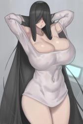 Rule 34 | 1girl, :o, absurdres, armpits, arms behind head, arms up, black hair, breasts, cleavage, collarbone, commentary, dress, english commentary, grey background, hair over eyes, highres, kelvin hiu, large breasts, long hair, long sleeves, navel, parted lips, short dress, simple background, solo, standing, the ring, very long hair, white dress, yamamura sadako