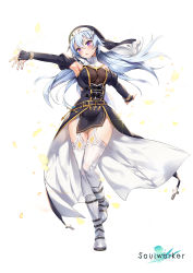 Rule 34 | 1girl, absurdres, armpits, black dress, boots, breasts, bridal gauntlets, cross, detached sleeves, dress, ephnel, floating hair, full body, garter straps, gold trim, habit, hair ornament, highres, juliet sleeves, knee boots, leg up, long hair, long sleeves, looking at viewer, medium breasts, multicolored hair, nun, official art, outstretched arms, parted lips, pelvic curtain, puffy sleeves, purple eyes, rainmaker, silver hair, solo, soulworker, standing, standing on one leg, streaked hair, thighhighs, thighs, turtleneck, veil, white background, white footwear, white thighhighs
