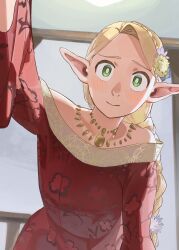 Rule 34 | 1girl, absurdres, arm up, blonde hair, blush, braid, braided ponytail, bright pupils, closed mouth, dress, dungeon meshi, elf, flower, gold necklace, green eyes, hair flower, hair ornament, highres, jewelry, long hair, looking at viewer, marcille donato, necklace, pointy ears, red dress, solo, upper body, very long hair, white pupils, yu ni taro