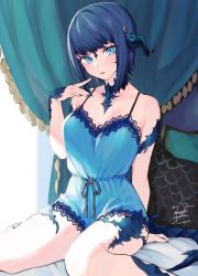 Rule 34 | 1girl, :o, absurdres, arm support, armpit peek, au ra, warrior of light (ff14), bare arms, bare legs, bed, bed sheet, belt, blue eyes, blue hair, blue horns, blue nails, blunt bangs, blush, bob cut, breasts, canopy bed, chemise, cleavage, collarbone, commentary, commission, commissioner upload, curtains, dragon girl, dragon horns, dragon tail, english commentary, eyelashes, facial mark, fictional persona, final fantasy, final fantasy xiv, hand on own cheek, hand on own face, highres, horns, indoors, lace-trimmed chemise, lace trim, medium breasts, nail polish, on bed, pillow, scales, shiny skin, short hair, signature, sitting, solo, strap, tail, uni (melm), wariza