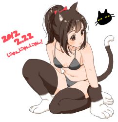 Rule 34 | 1girl, 2012, animal ears, animal hands, bad drawr id, bad id, bare arms, bikini, black thighhighs, blush, bow, breasts, brown eyes, brown hair, cat ears, cat tail, character request, closed mouth, copyright request, dated, full body, gloves, grey bikini, hair bow, medium breasts, navel, oekaki, paw gloves, paw shoes, pego (peco peco), ponytail, red bow, simple background, sitting, solo, swimsuit, tail, tail raised, thighhighs, white background