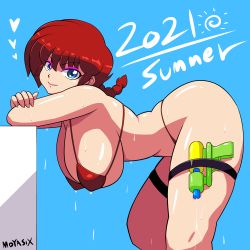 Rule 34 | 1girl, 2021, arm support, artist name, ass, bent over, bikini, braid, breasts, curvy, dated, hanging breasts, huge ass, large breasts, long hair, looking at viewer, moyashi, ranma-chan, ranma 1/2, red bikini, red hair, shiny skin, single braid, smile, solo, swimsuit, thigh strap, thong bikini, water gun, wet