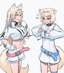 Rule 34 | 2girls, alohamikan, angry, animal collar, animal ears, arm warmers, bandaid, bandaid hair ornament, belt, black collar, blonde hair, blue belt, blue eyes, blue hair, blue hairband, breast envy, breasts, center frills, closed eyes, collar, commentary, cosplay, costume switch, cropped shirt, crossed bangs, cutout above navel, dog ears, dog girl, dog tail, double-parted bangs, dress, english commentary, english text, facing another, fake horns, flat chest, frilled shirt collar, frilled shorts, frilled sleeves, frills, fuwawa abyssgard, fuwawa abyssgard (1st costume), fuwawa abyssgard (cosplay), hair between eyes, hair intakes, hair ornament, hairband, hairclip, hand on own hip, headphones, headphones around neck, highres, hololive, hololive english, horns, large breasts, long hair, long sleeves, looking down, midriff, mococo abyssgard, mococo abyssgard (1st costume), mococo abyssgard (cosplay), multicolored hair, multiple girls, navel, oversized clothes, pink belt, pink hair, pink hairband, shirt, short dress, short hair, shorts, siblings, sisters, sleeves past elbows, streaked hair, tail, taut clothes, taut shirt, twins, two side up, undersized clothes, virtual youtuber, white dress, white shirt, white shorts, x hair ornament