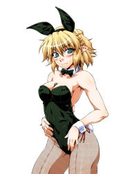 Rule 34 | 1girl, alternate costume, animal ears, bad id, bad pixiv id, bare shoulders, between breasts, blonde hair, blush, bow, bowtie, breasts, cleavage, detached collar, fishnet pantyhose, fishnets, green eyes, large breasts, leotard, lighter, mizuhashi parsee, ootsuki wataru, pantyhose, playboy bunny, pointy ears, rabbit ears, rabbit tail, short hair, simple background, solo, tail, touhou, white background, wrist cuffs