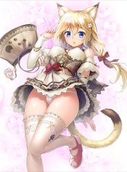 Rule 34 | 1girl, :o, absurdres, animal ear fluff, animal ears, animal print, bad id, bad pixiv id, bag, bell, between breasts, blonde hair, blue eyes, blush, bow, bow panties, bracelet, breasts, cameltoe, cat ears, cat hair ornament, cat print, cat tail, corset, covered erect nipples, cross-laced clothes, detached sleeves, dress, eyebrows, floral print, hair between eyes, hair bow, hair ornament, hairclip, hand up, high heels, highres, jewelry, jingle bell, lace, lace-trimmed dress, lace trim, leg up, long hair, looking at viewer, low twintails, medium breasts, off shoulder, original, panties, pantyshot, paw print, pink background, pink bow, pink footwear, red bow, red ribbon, revision, ribbon, ribbon-trimmed sleeves, ribbon trim, shell, shoes, short dress, skin tight, solo, solru, tail, thighhighs, toeless footwear, twintails, underwear, upskirt, white bow, white panties