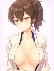 Rule 34 | 10s, 1girl, blush, breasts, brown hair, cleavage, highres, japanese clothes, kaga (kancolle), kanden sky, kantai collection, long hair, open clothes, personification, short hair, side ponytail, solo, sweat, yellow eyes