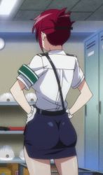 Rule 34 | 10s, 1girl, adjusting clothes, animated, animated gif, armband, ass, back, belt, blue skirt, female focus, from behind, gloves, hands on own hips, indoors, miniskirt, rail wars!, red hair, sakurai aoi, screencap, shirt, short hair, short sleeves, skirt, solo, tight clothes, uniform, white gloves, white shirt