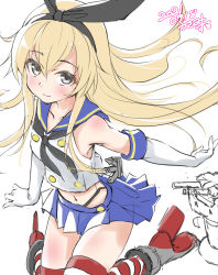 Rule 34 | 1girl, black hairband, black neckerchief, black panties, blonde hair, blue sailor collar, cowboy shot, crop top, dated, elbow gloves, gloves, grey eyes, hairband, highleg, highleg panties, kantai collection, long hair, looking at viewer, microskirt, miniskirt, neckerchief, one-hour drawing challenge, panties, rensouhou-chan, sailor collar, shimakaze (kancolle), skirt, solo focus, striped clothes, striped thighhighs, thighhighs, underwear, usami (50-point caliper), white background, white gloves