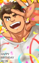 Rule 34 | 1boy, :d, bara, birthday, blurry, blurry foreground, blush, brown hair, confetti, dark-skinned male, dark skin, facial hair, goatee, goatee stubble, hand up, happy, happy birthday, large pectorals, long sideburns, looking at viewer, male focus, muscular, muscular male, one eye closed, open mouth, oskn tengoku, pectorals, shirt, short hair, sideburns, smile, solo, stubble, t-shirt, takabushi kengo, thick eyebrows, tokyo houkago summoners, upper body, v-shaped eyebrows